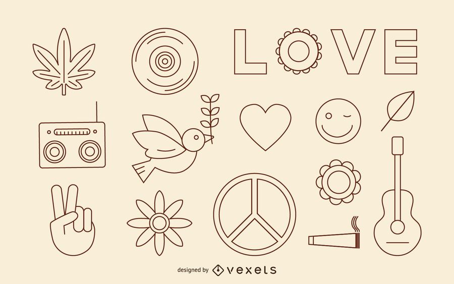 Hippie stroke icons set Hippie stroke icons set