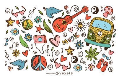 Hippie doodle conjunto de iconos Hippie doodle conjunto de iconos