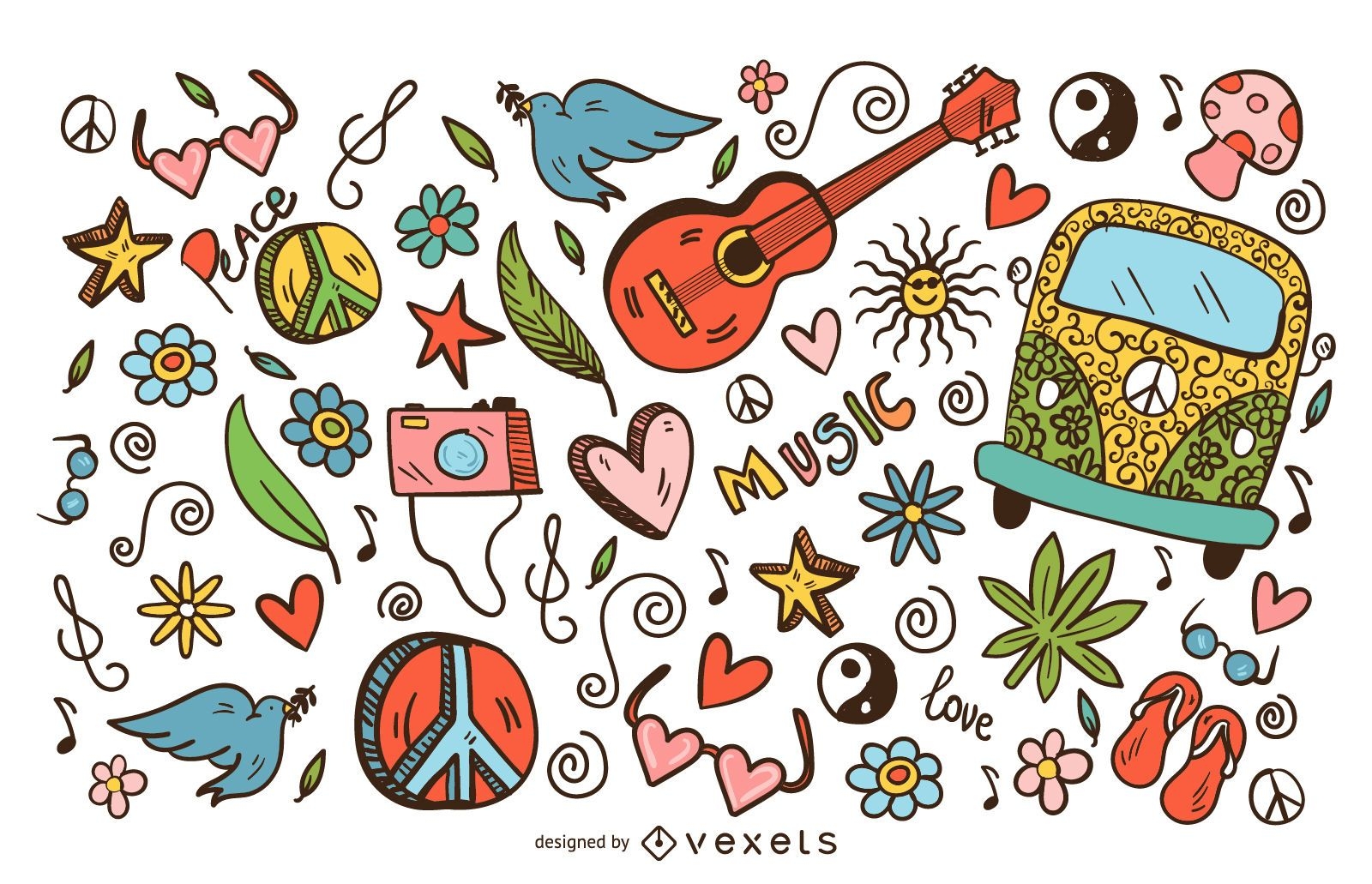 Hippie doodle icons set