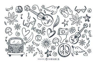 Conjunto de doodle de trazo hippie Conjunto de doodle de trazo hippie