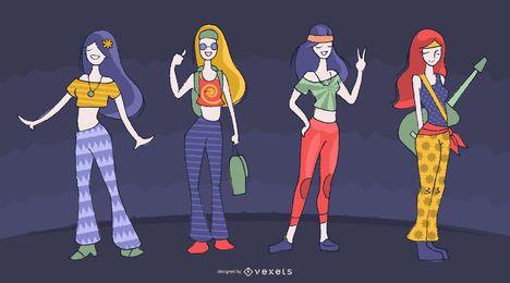 Conjunto de dibujos animados de personajes hippie femeninos Conjunto de dibujos animados de personajes hippie femeninos