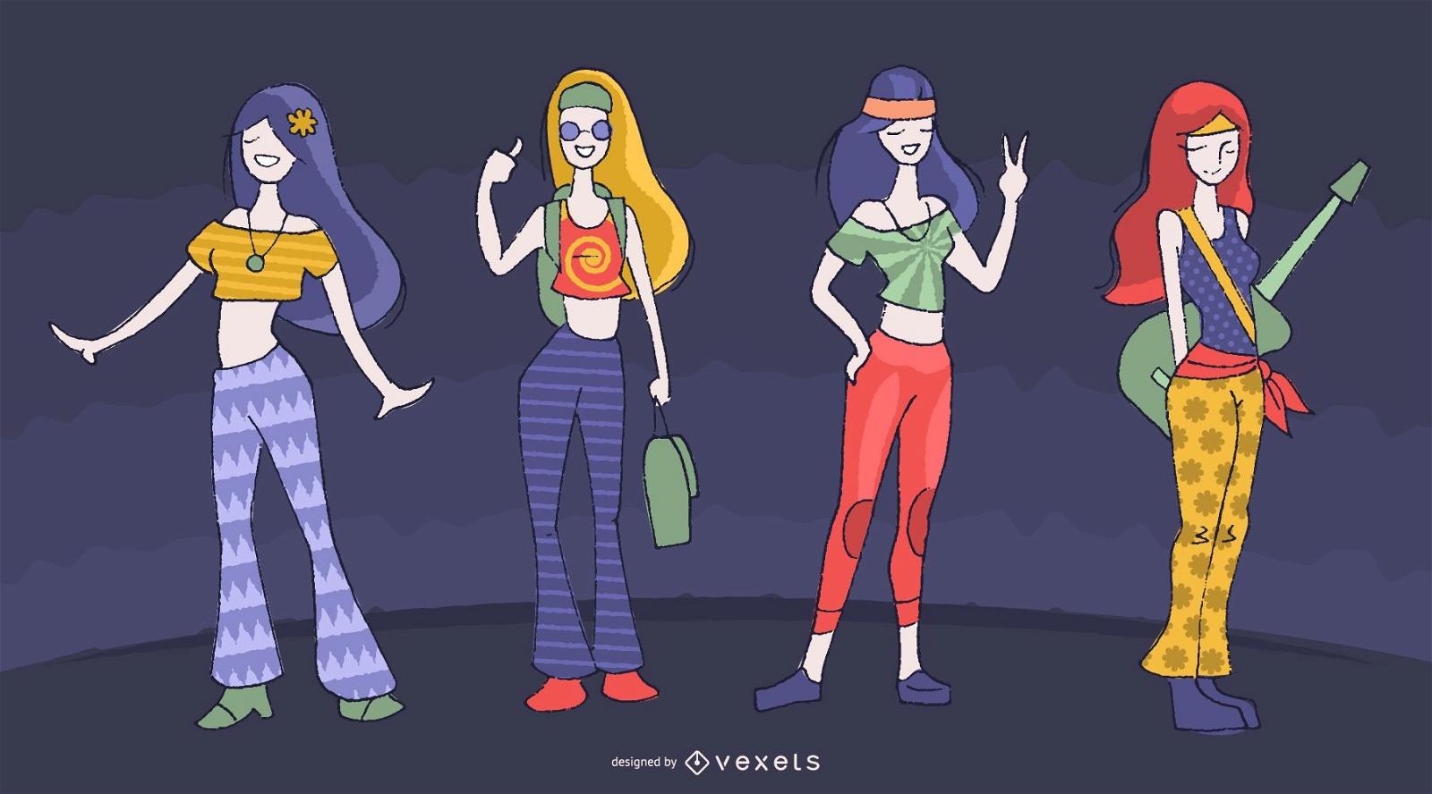 Weiblicher Hippiecharakter-Karikatursatz