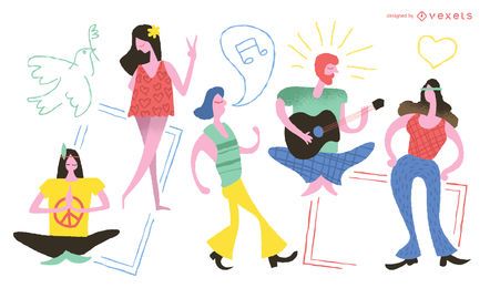 Conjunto de doodle de personajes hippie