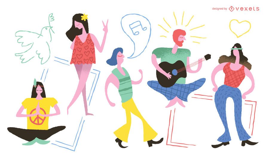 Conjunto de doodle de personagens Hippie Conjunto de doodle de personagens Hippie
