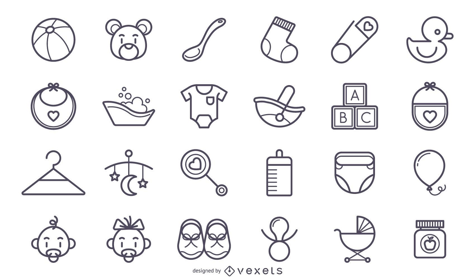 Cute stroke baby icons set