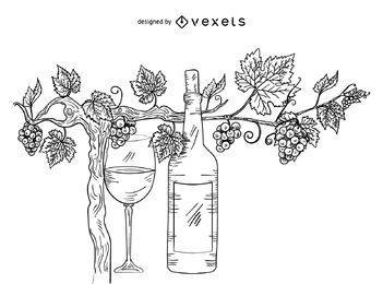 Ilustración de vid y vino de uva