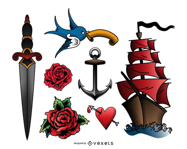 Vintage tattoo illustration set Vintage tattoo illustration set