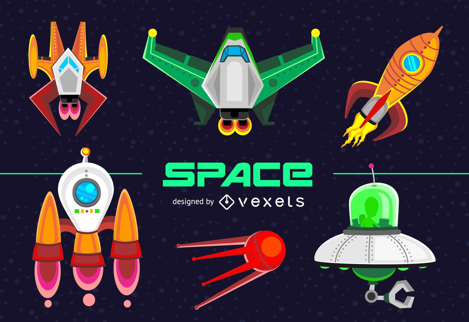 Conjunto de ilustração de nave espacial e nave espacial
