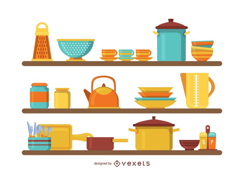Cozinha, prateleiras, ilustração Cozinha, prateleiras, ilustração