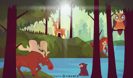 Forest lake animals landscape Forest lake animals landscape