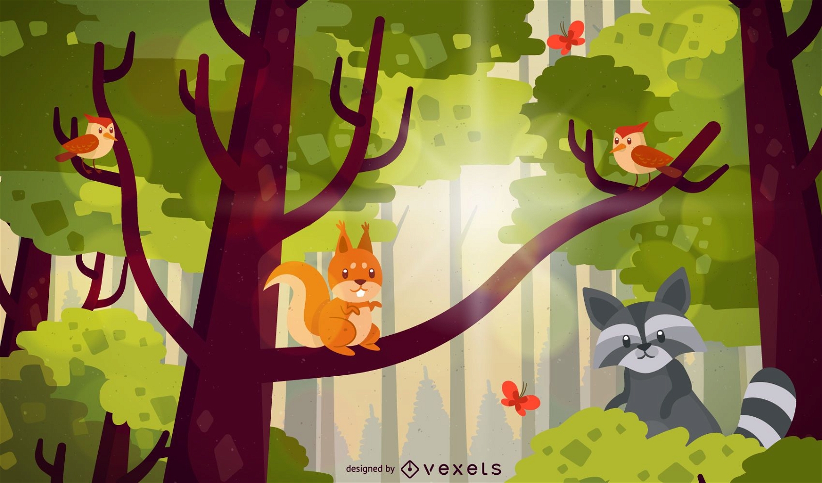 Ilustração de animais com árvores da floresta