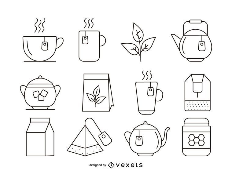 Conjunto de iconos de trazo de té Conjunto de iconos de trazo de té