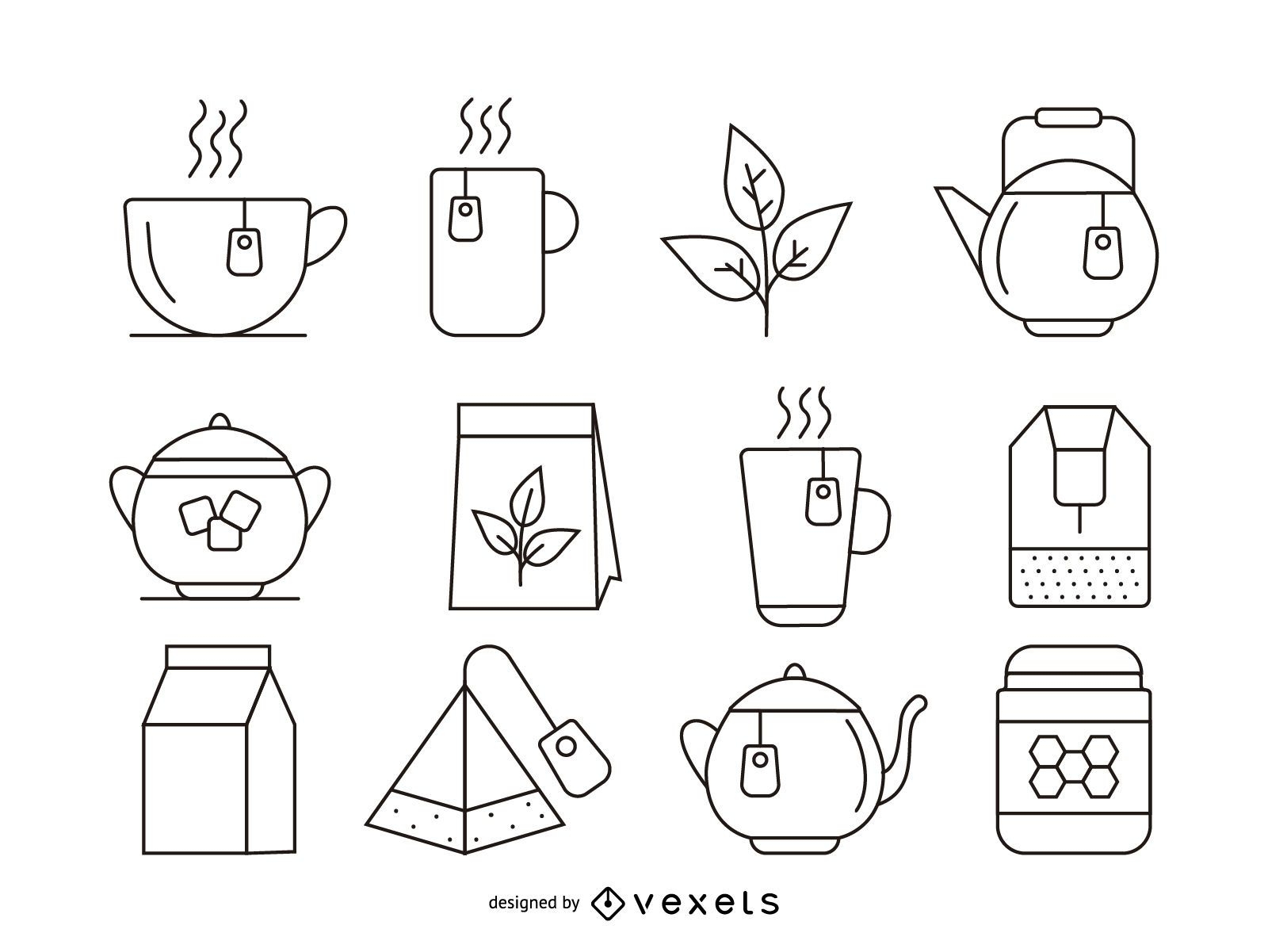 Tea stroke icons set