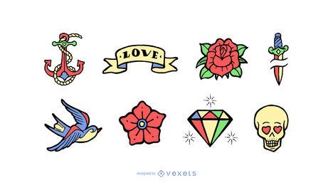 Conjunto de dibujos animados de tatuaje vintage