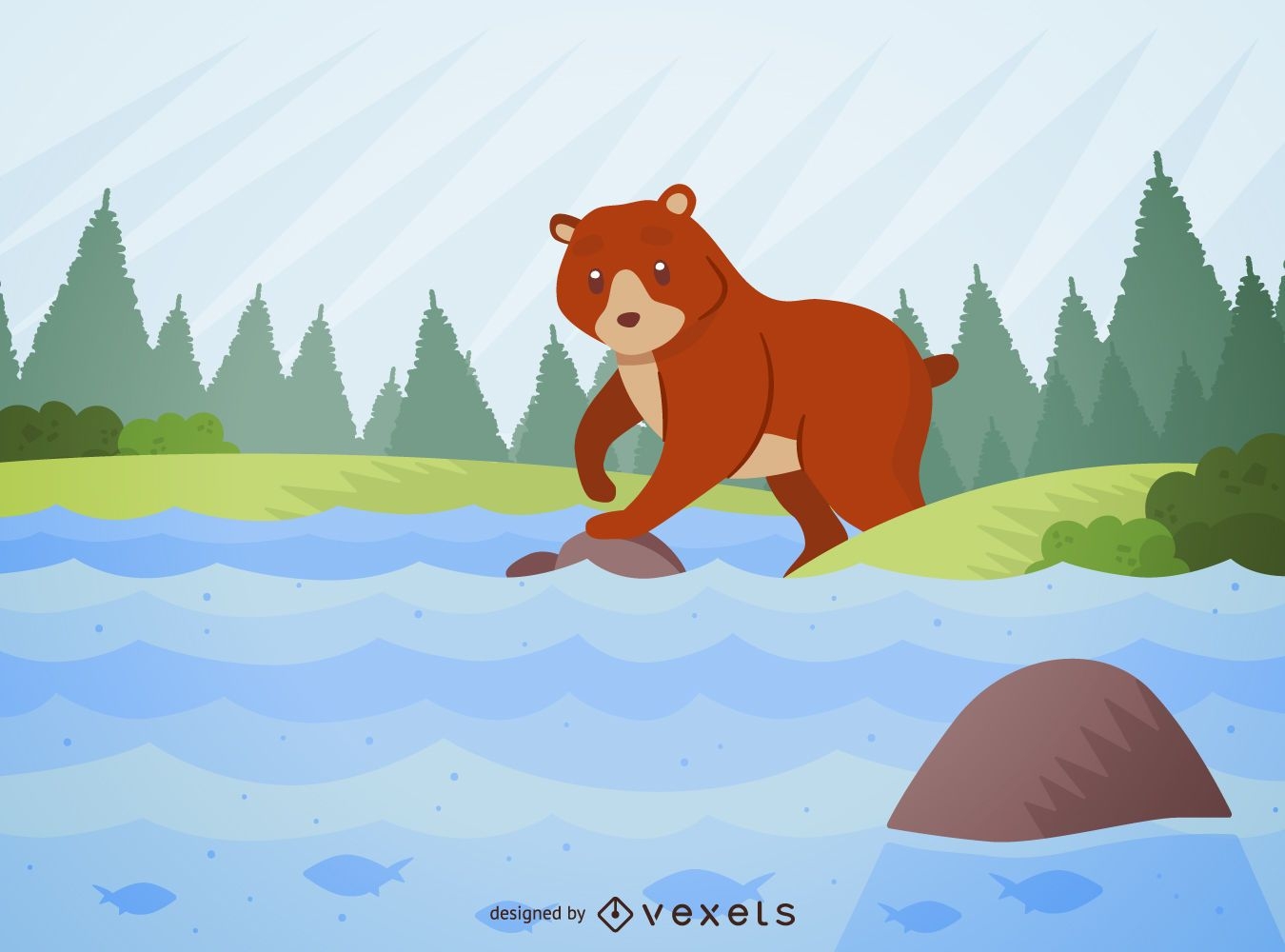 Bear illustration on a river and forest