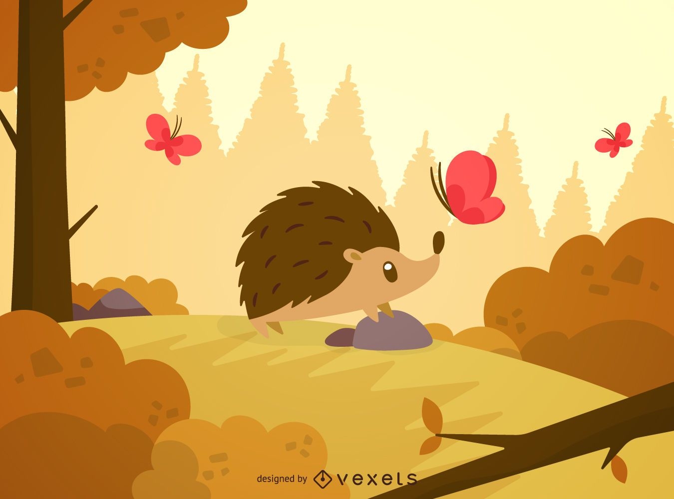 Hedgehog in forest landscape illustration