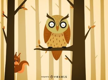 Ilustração dos desenhos animados da coruja da floresta