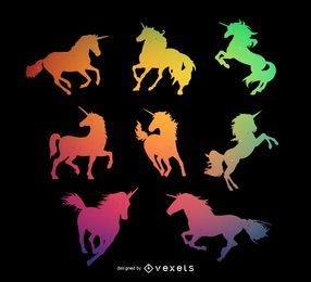 Colorful unicorn silhouette set