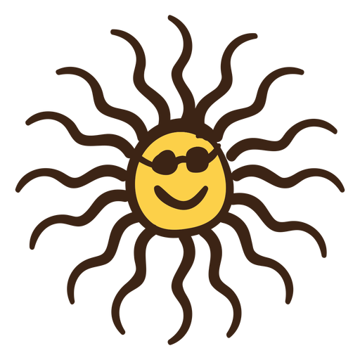 Sol com ?culos de sol colorido doodle Desenho PNG