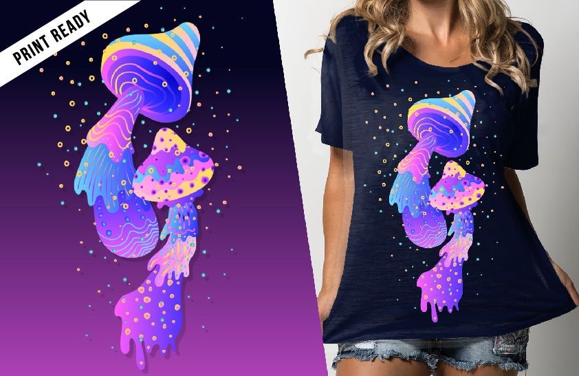 Design de camisetas em formato de cogumelo psicodélico