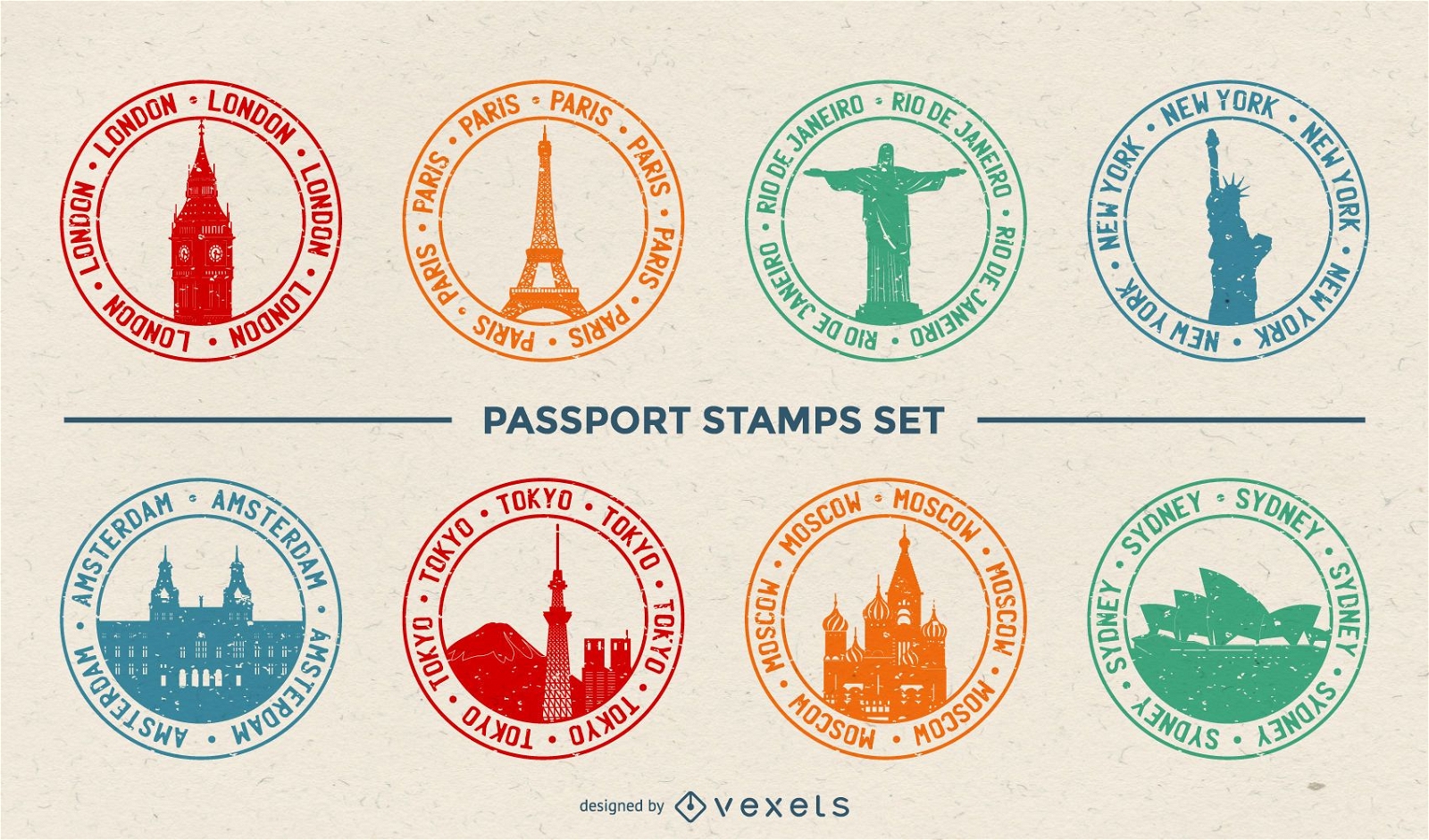 City passport stamps set