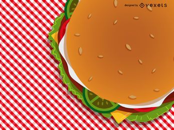 Burger on checkered tablecloth illustration Burger on checkered tablecloth illustration