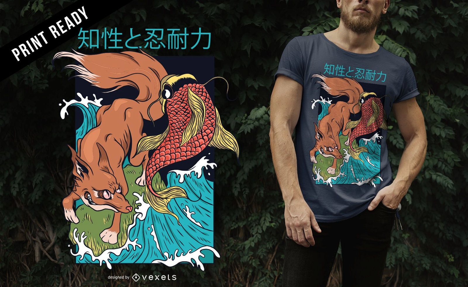 Fox and Fish T-Shirt-Design im japanischen Stil