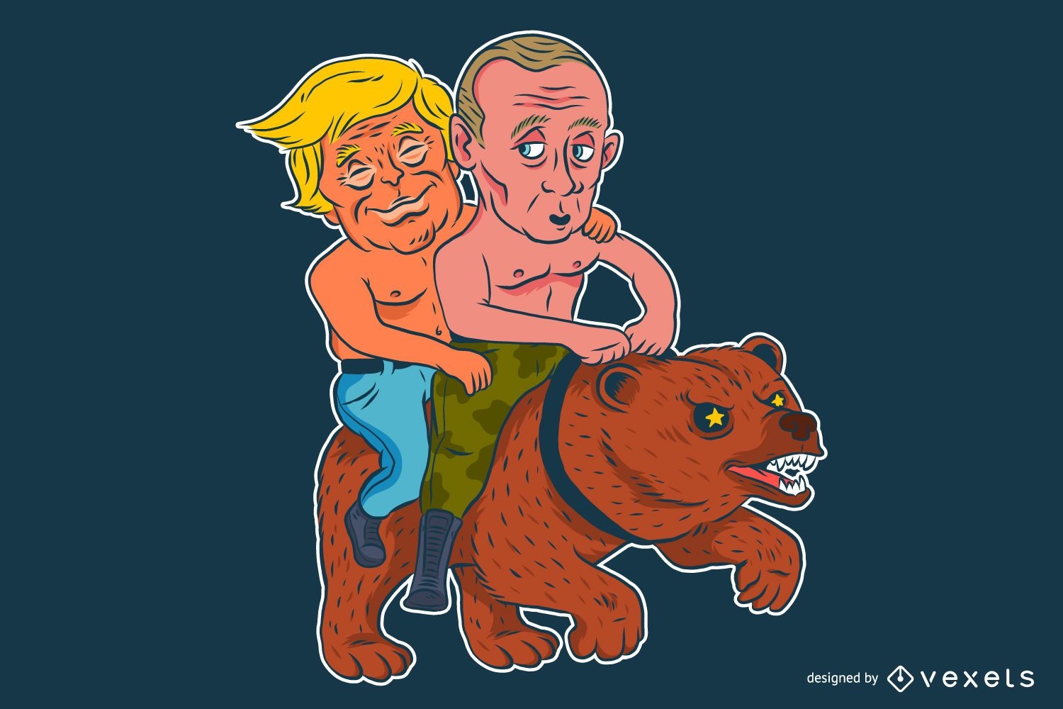 Ilustraci?n de parodia divertida de dibujos animados de oso de montar a caballo de Trump y Putin