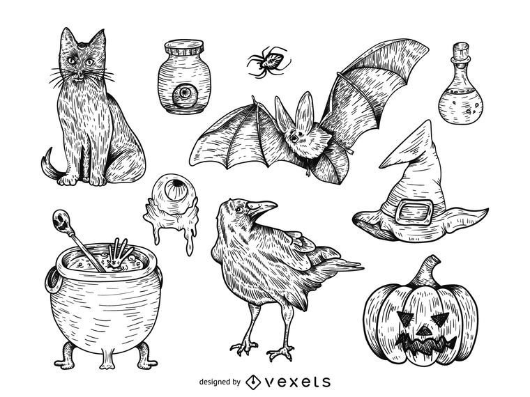 Dibujado a mano conjunto de ilustración de Halloween Dibujado a mano conjunto de ilustración de Halloween