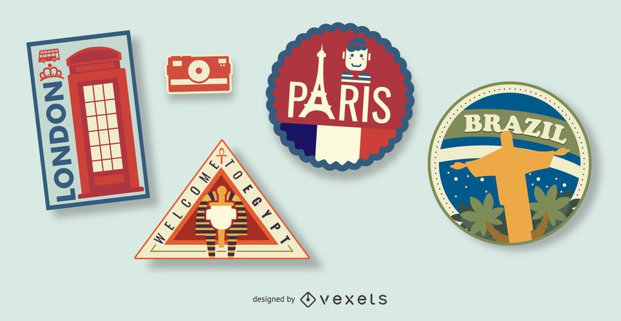 Illustrated travel stamps set Illustrated travel stamps set
