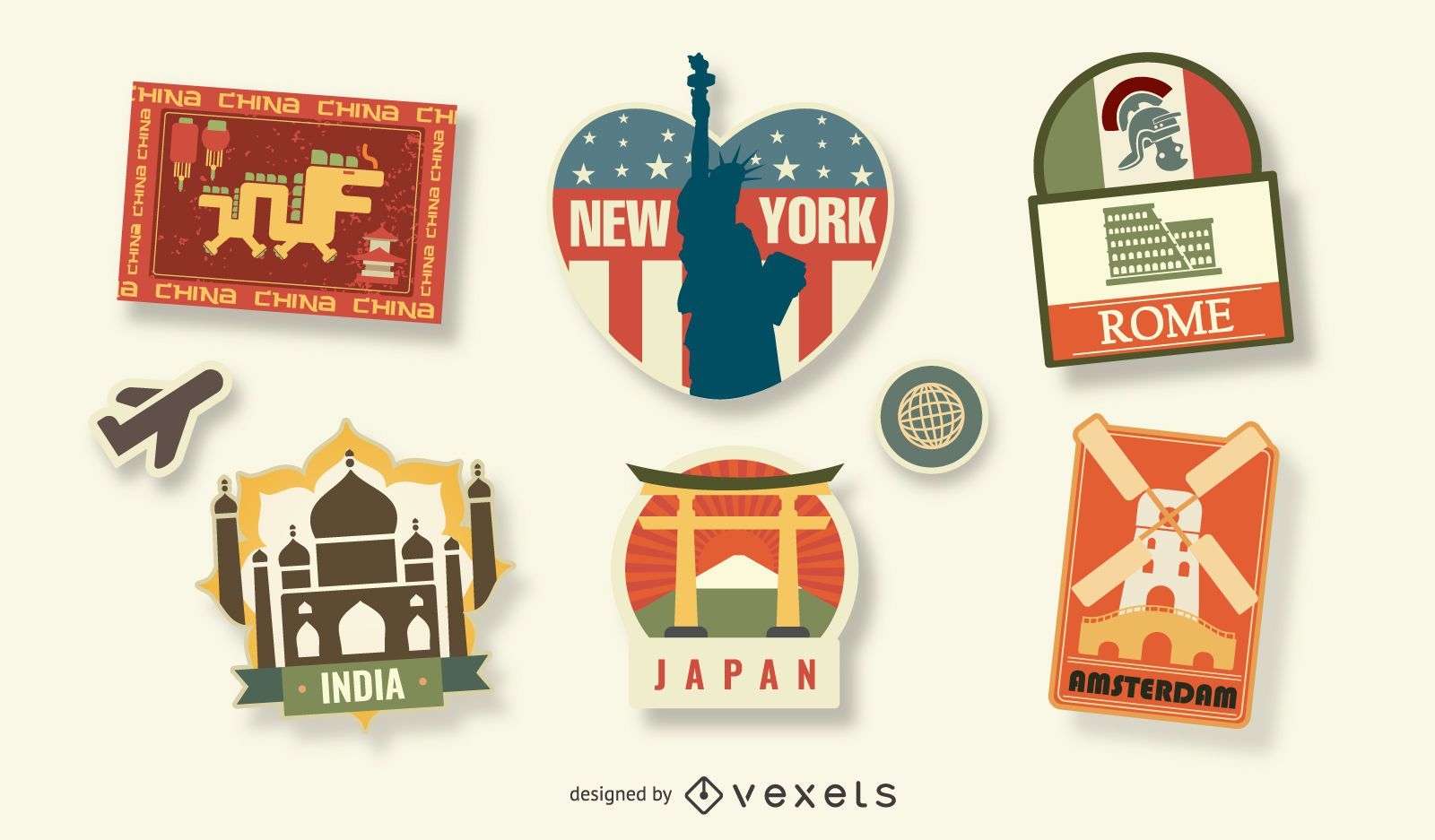 World travel stamps set