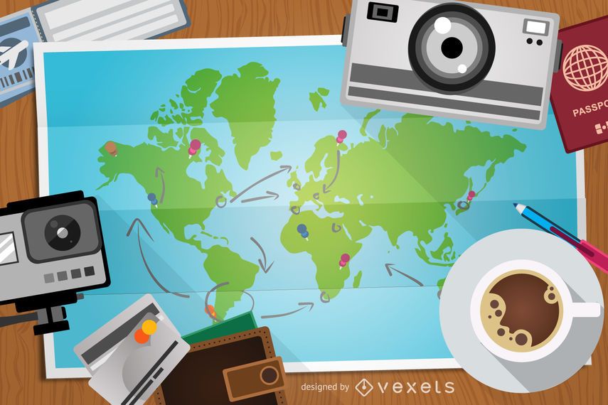 Travel illustration with map and elements Travel illustration with map and elements
