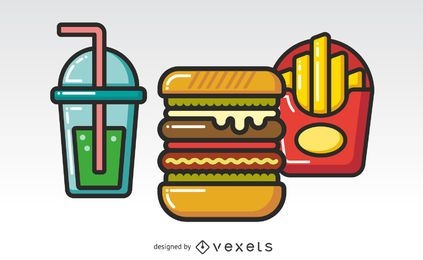 Ícones lisos da combinação de hambúrguer