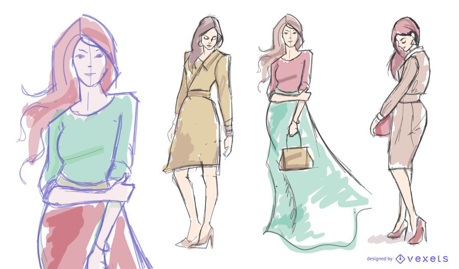 Women model fashion drawing set Women model fashion drawing set