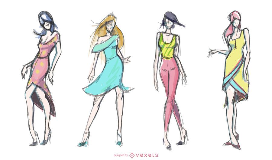 Women Fashion Drawings Set - Vector Download