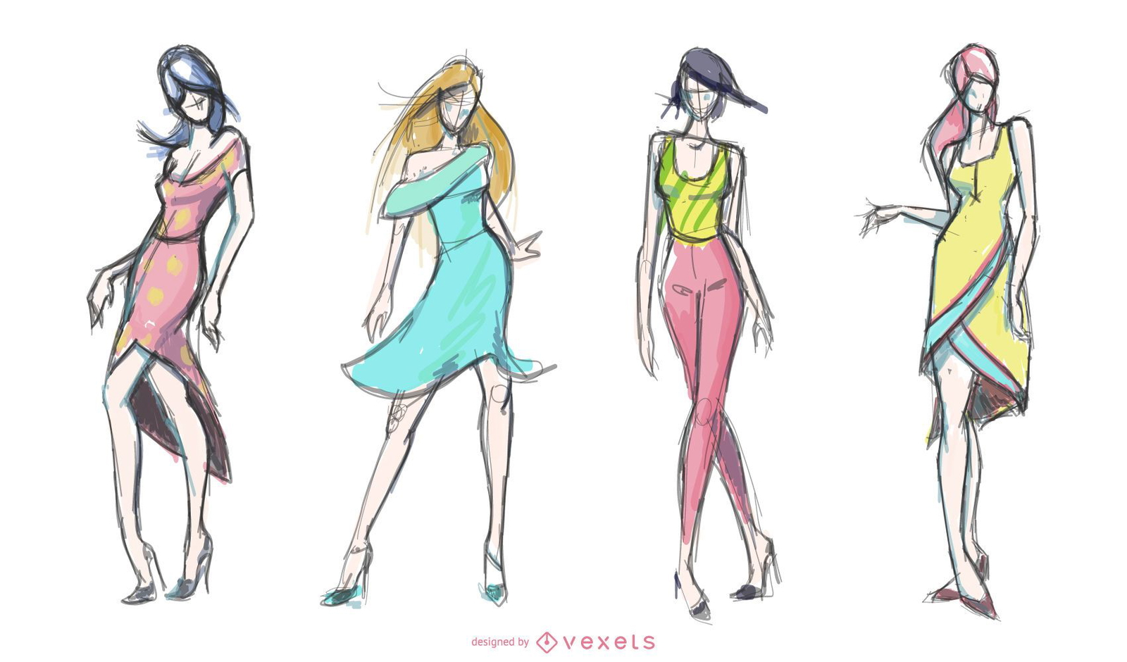 Vector De Conjunto De Dibujos De Moda Para Mujeres