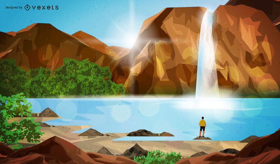 Canyon Waterfall Man der Szenenillustration betrachtet Canyon Waterfall Man der Szenenillustration betrachtet