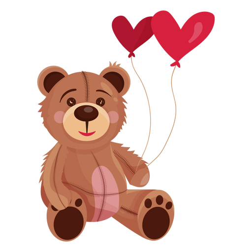 Old teddy holding heart balloons