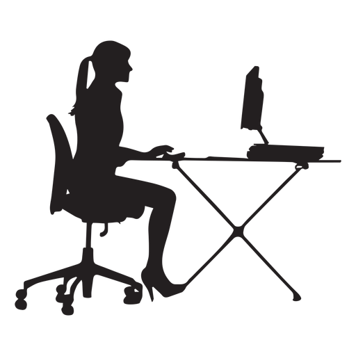 Frau die am Computertischschattenbild sitzt PNG-Design