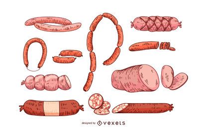 Conjunto de ícones de salsicha e salame Conjunto de ícones de salsicha e salame