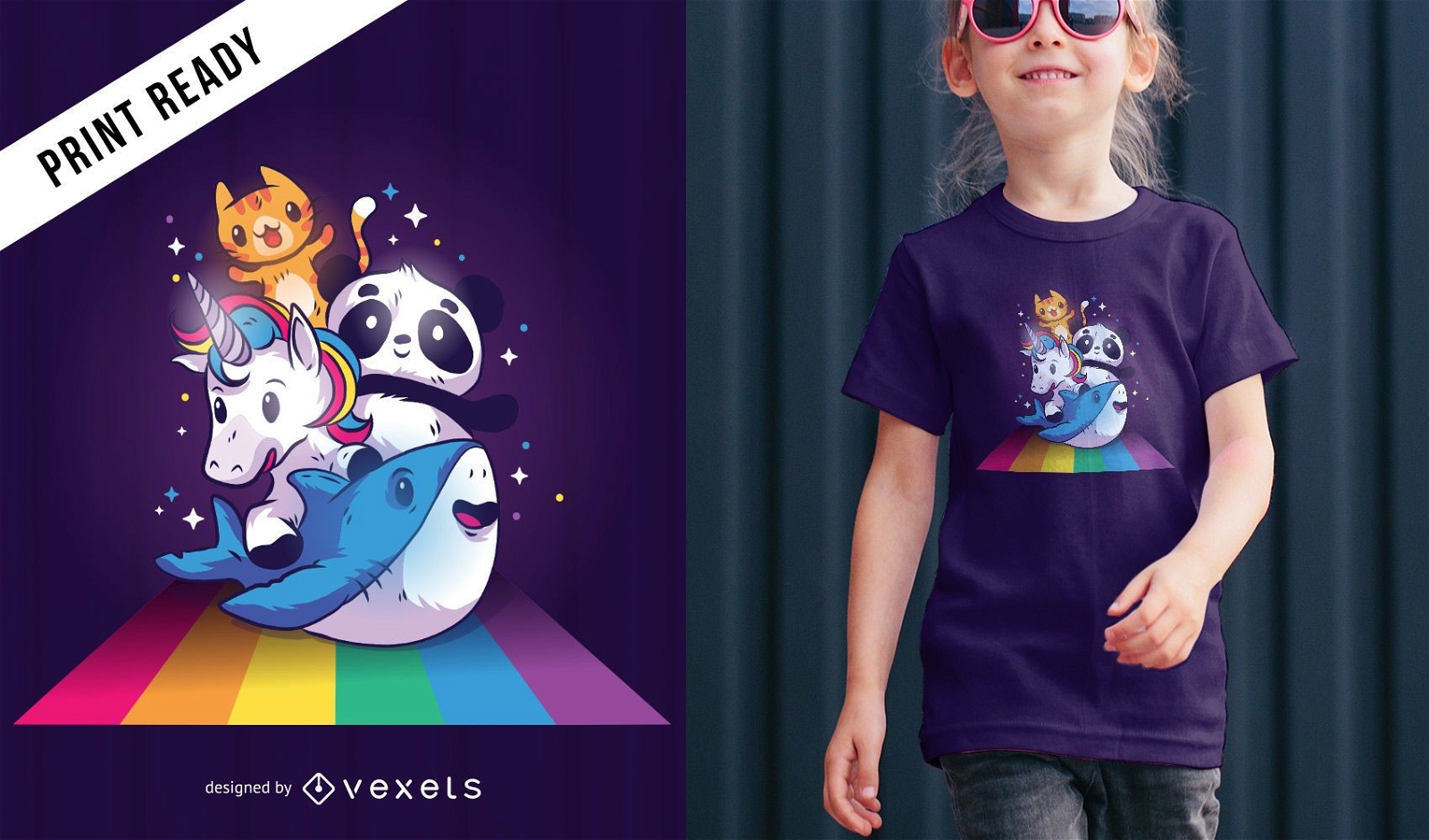 Cute Animals Riding Rainbow T-shirt Design
