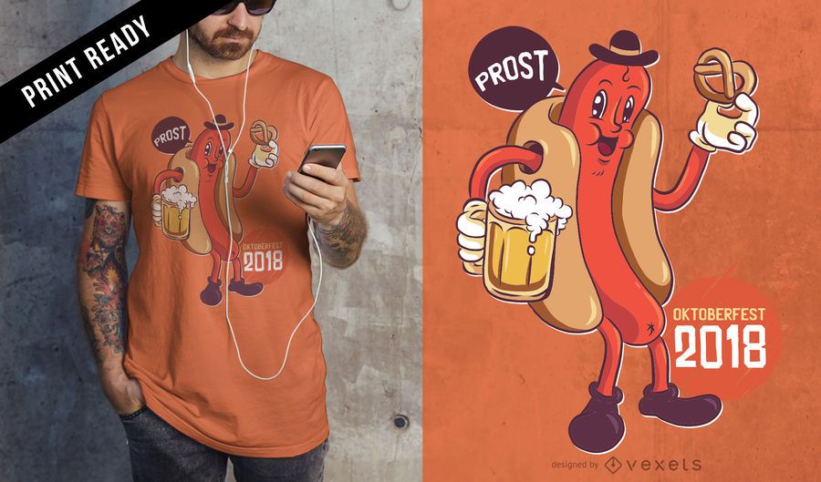 Oktoberfest 2018 Drinking Eating Sausage Wiener Cartoon T-shirt Design Oktoberfest 2018 Drinking Eating Sausage Wiener Cartoon T-shirt Design