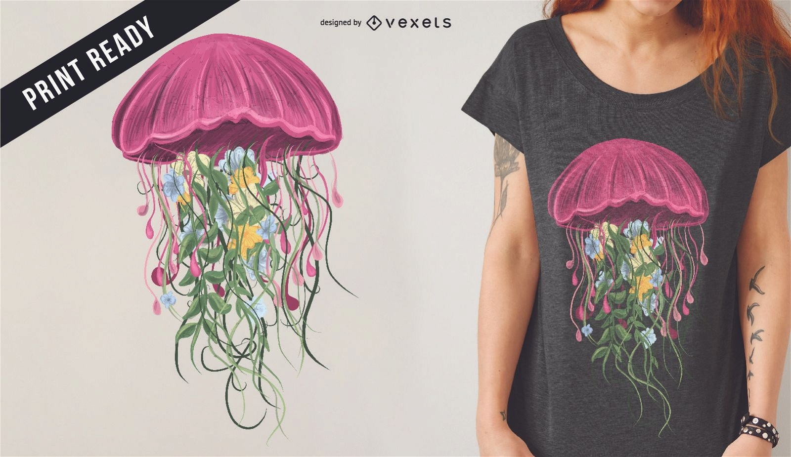 Quallen- und Blumen-T-Shirt-Design