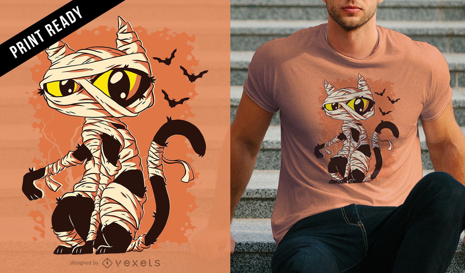 Mummy Cat Funny Halloween Cartoon T-Shirt Design