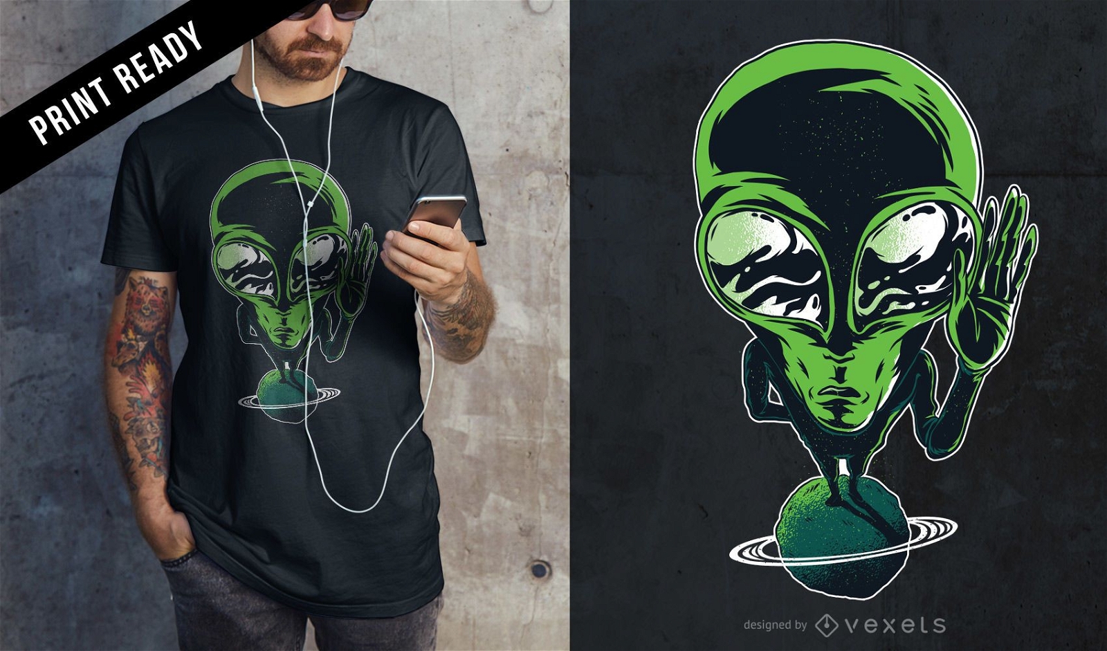 Diseño de camiseta alienígena en el planeta.