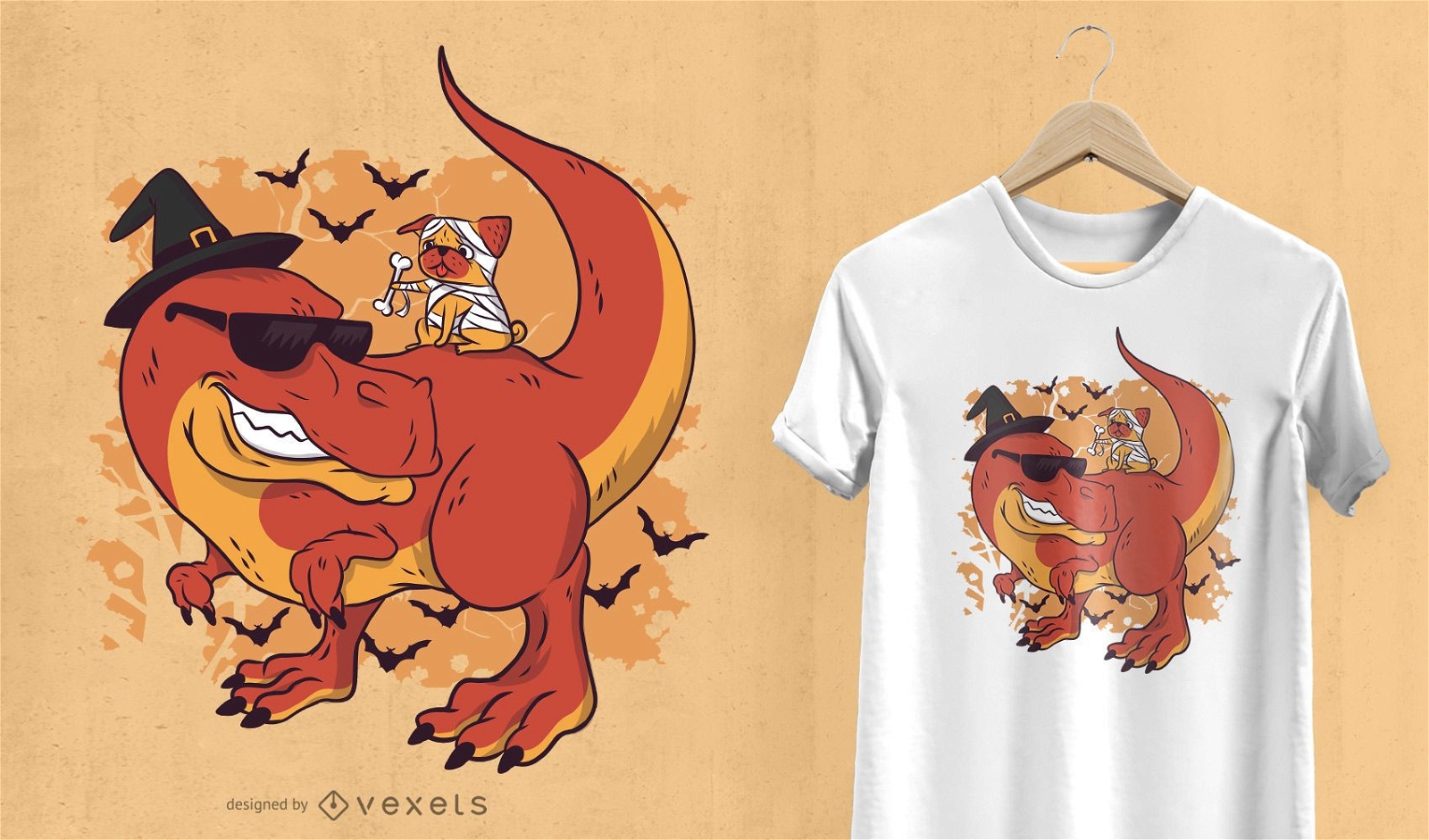 Design de camiseta de pug e dinossauro para o Halloween