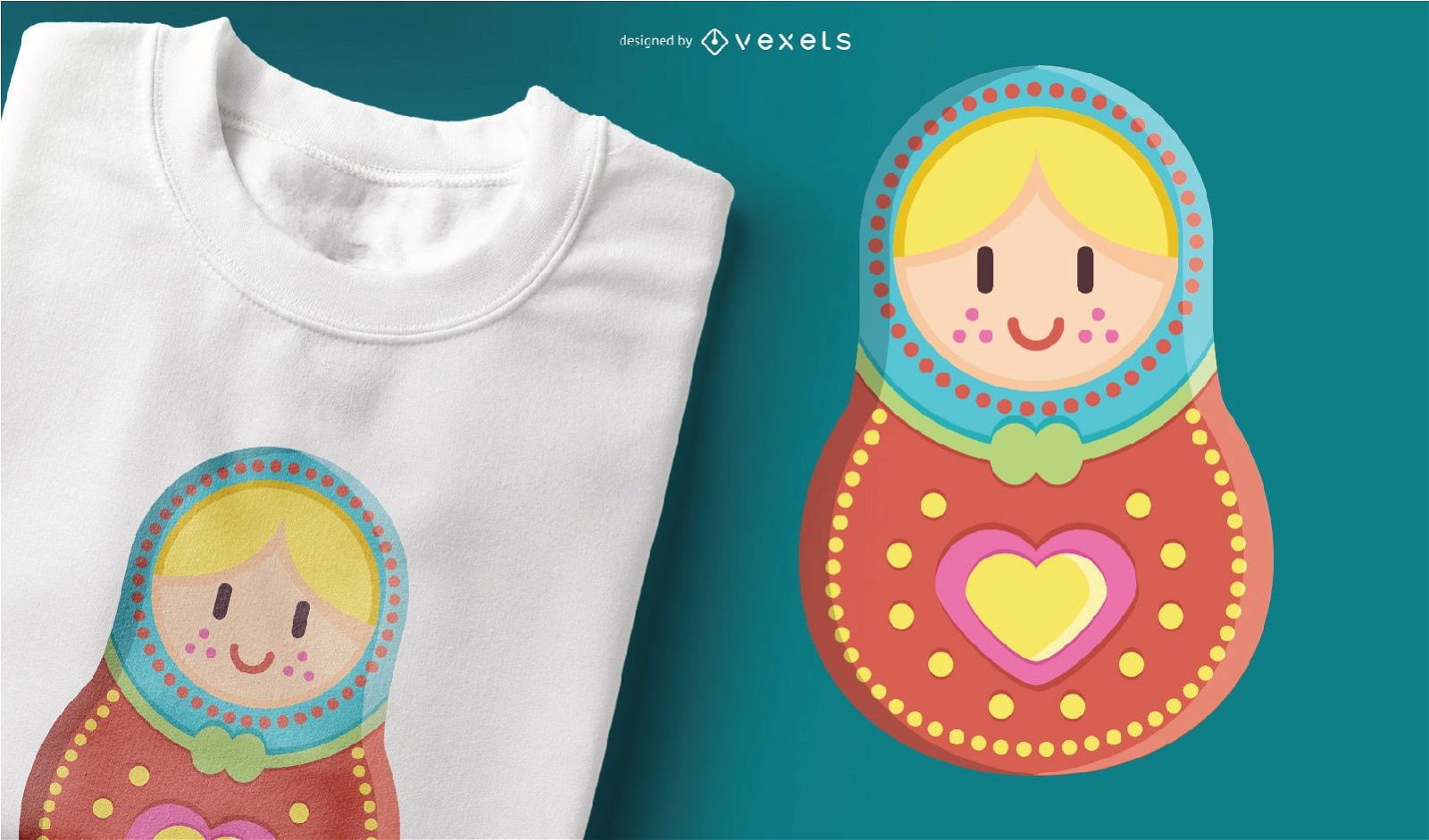 Design de camiseta colorida com boneca russa Matryoshka fofa
