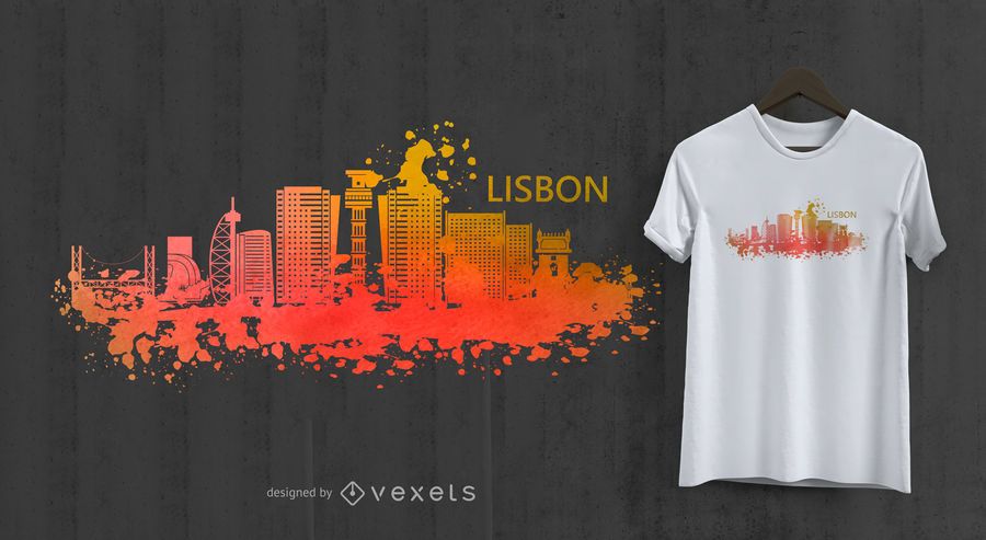 Projeto do t-shirt da skyline da aguarela de Lisboa Projeto do t-shirt da skyline da aguarela de Lisboa