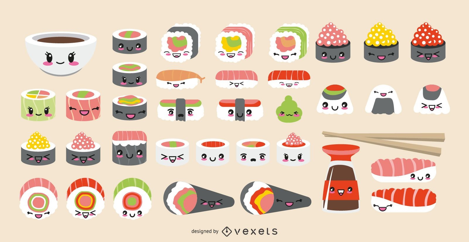 Set de sushi emoticonos kawaii