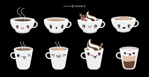 Juego de tazas de café con emoticonos kawaii